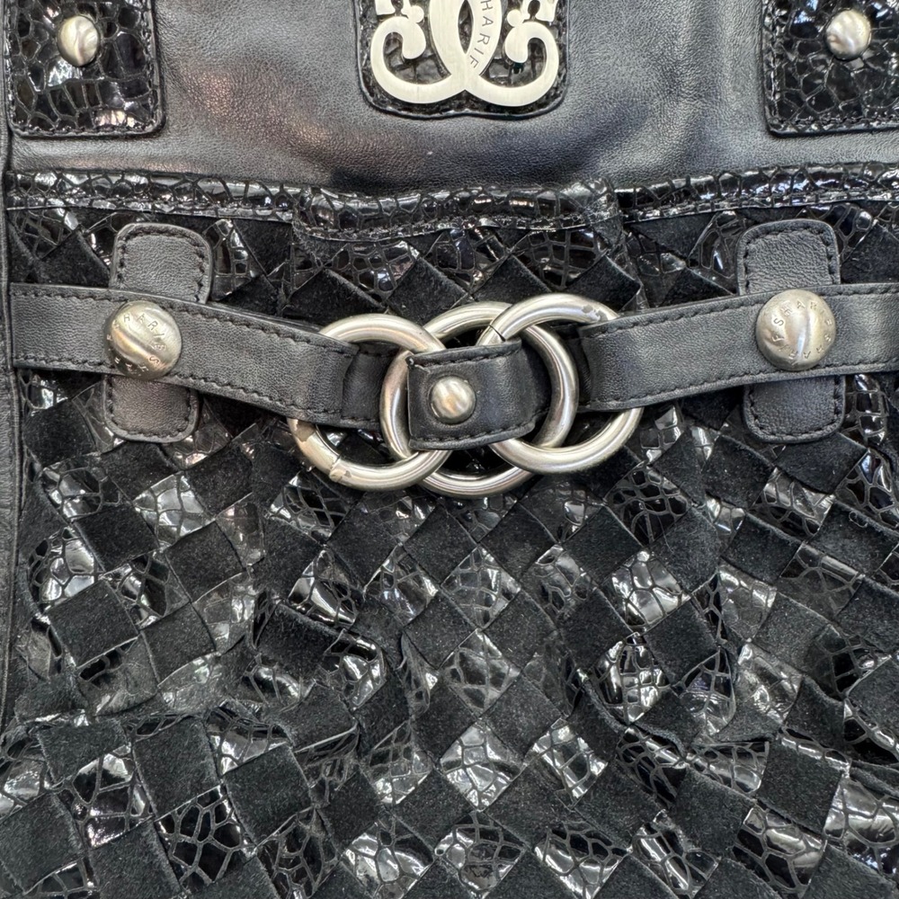 Sharif Leather Tote Bag Womens Medium Black Excellent Woven Croc Embossed Trim - Picture 8 of 13